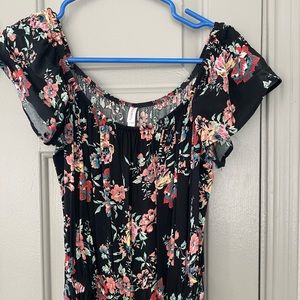 Women’s Xhilaration Black Floral Midi Dress with Ruffle Sleeves